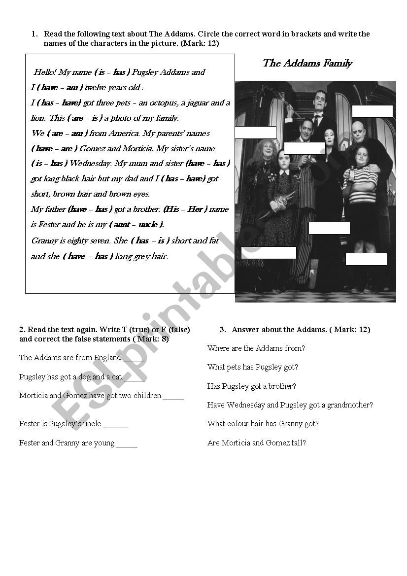 The Addams Family ESL Worksheet By Teacherjuanpb