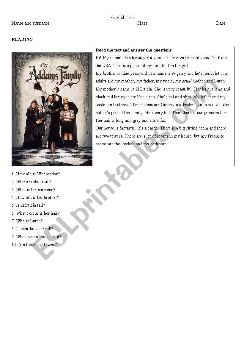 The Addams Family Reading Comprehension ESL Worksheet By 