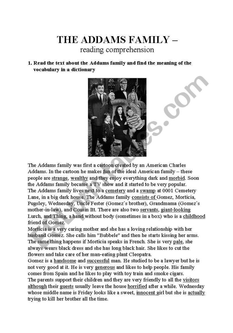 The Addams Family Reading Comprehension ESL Worksheet By 