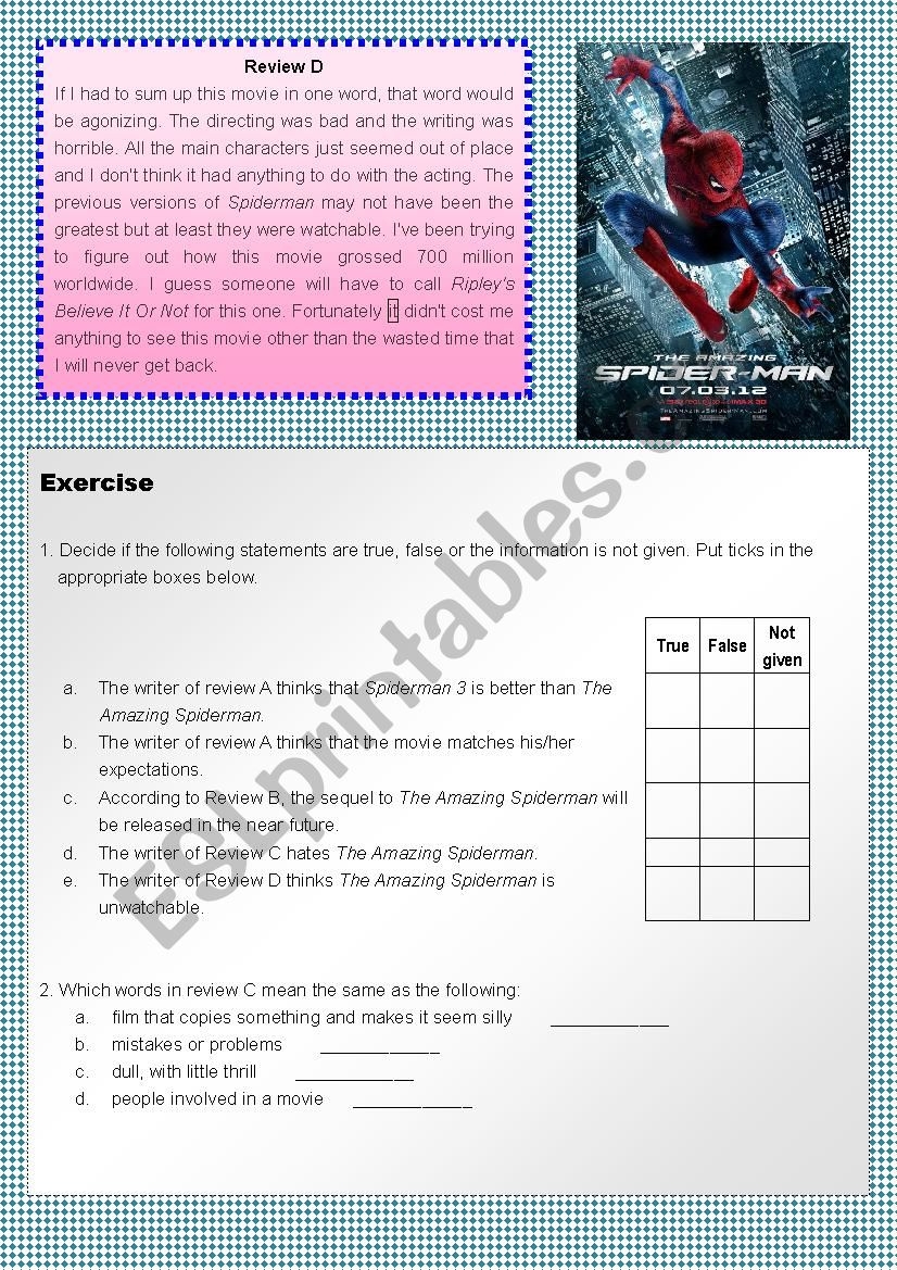 The Amazing Spiderman Reading Comprehension ESL Worksheet By 