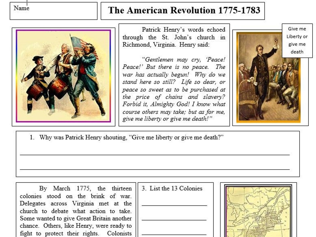 The American Revolution Reading Activity And Worksheets Etsy
