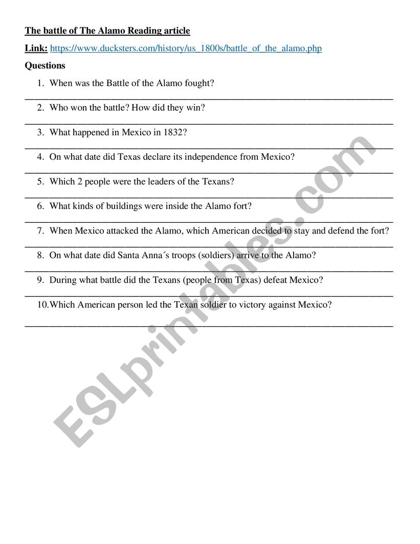 The Battle Of The Alamo Reading Article ESL Worksheet By Borotraj