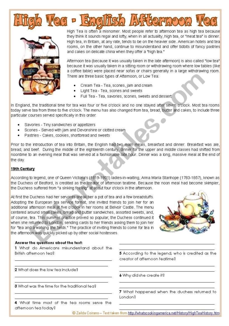 The English Afternoon Tea Text Reading Comprehension Q Multiple Choice And Personal Q 2 Pages editable ESL Worksheet By Zailda