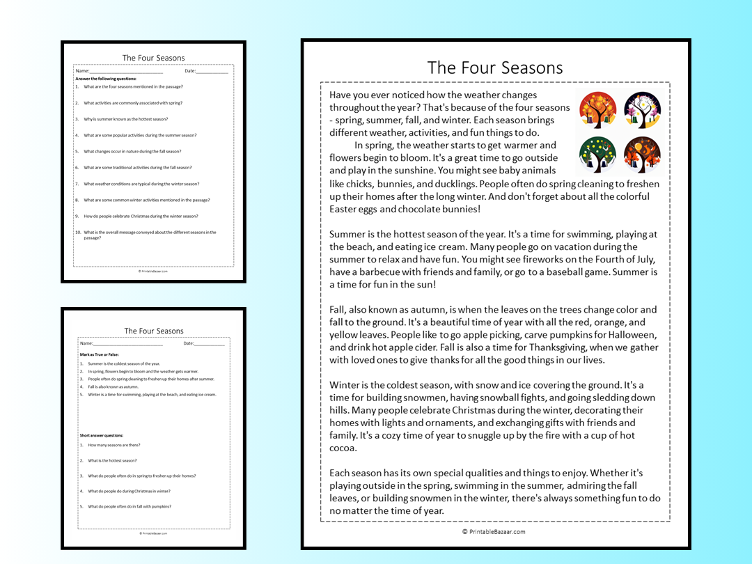 The Four Seasons Reading Comprehension Passage Printable Worksheet Teaching Resources