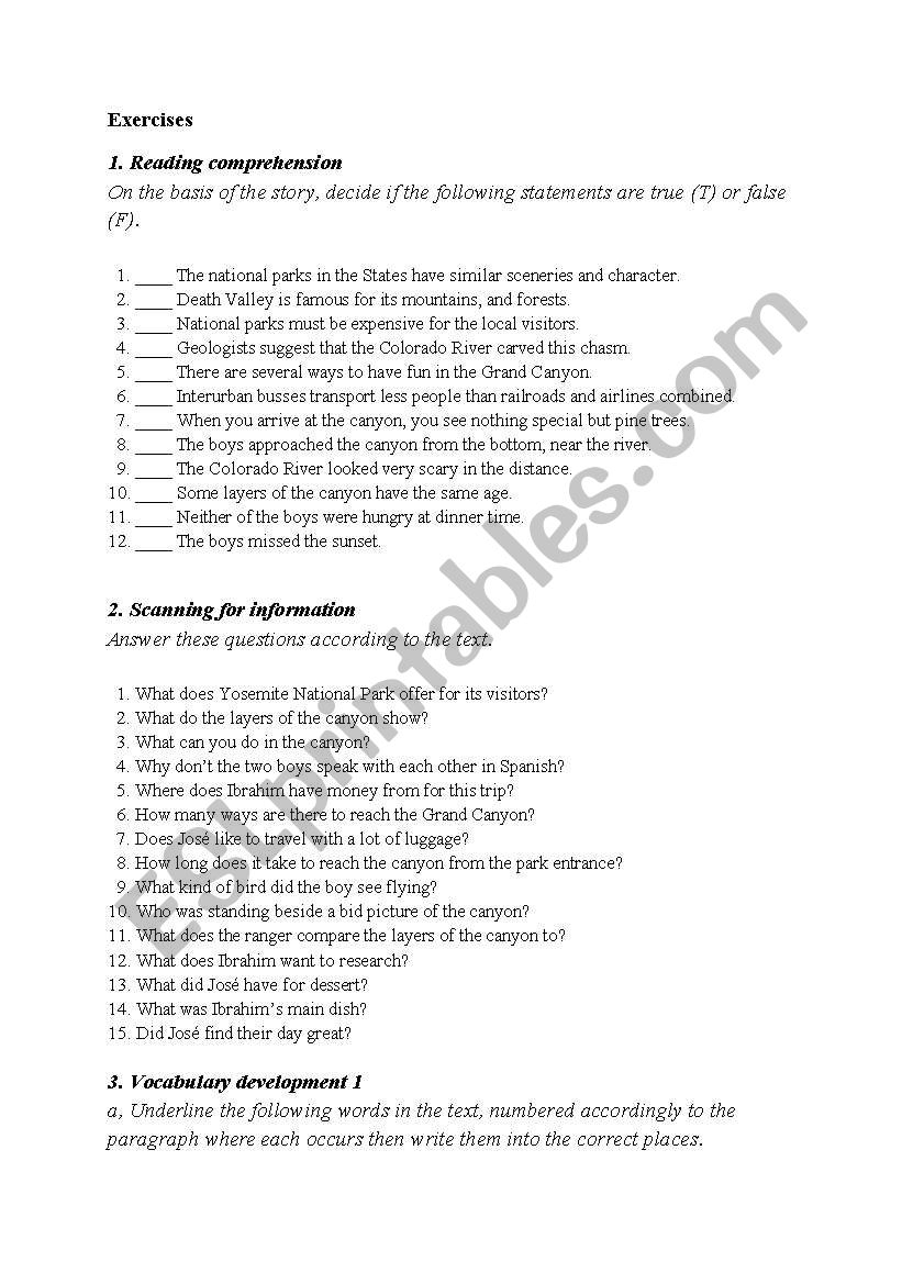 Reading Comprehension Worksheets Grand Canyon