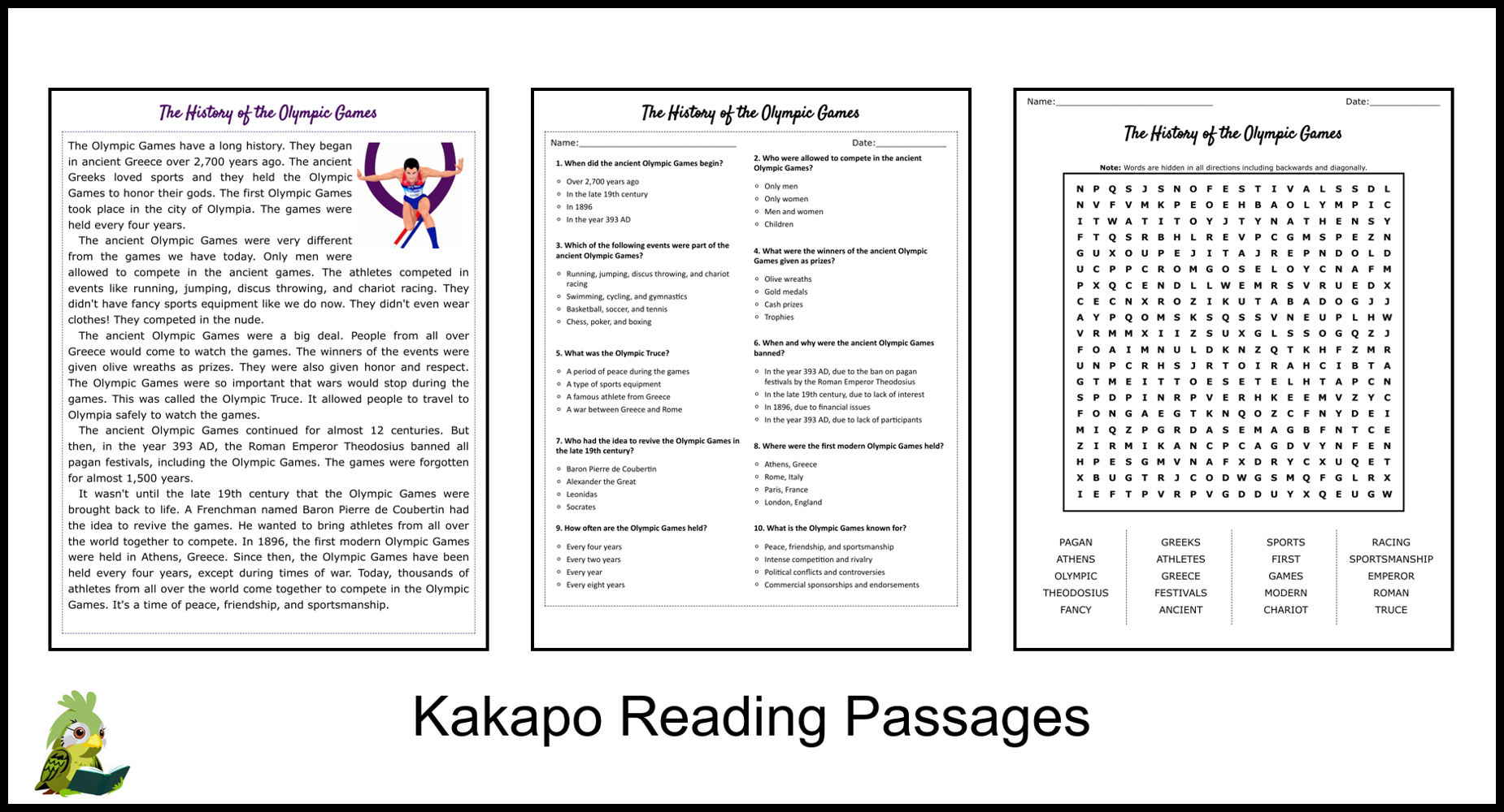 Olympics Reading Comprehension Worksheets