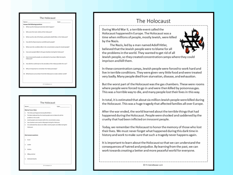 The Holocaust Reading Comprehension Passage Printable Worksheet 