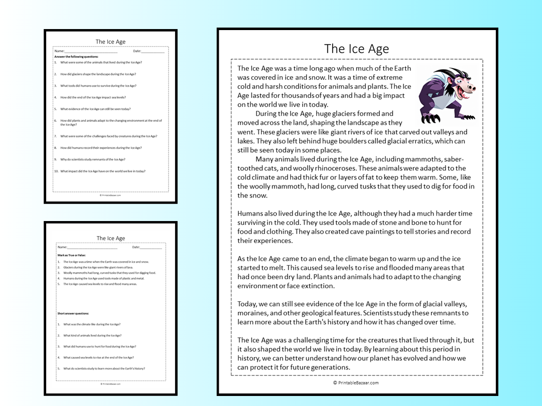 The Ice Age Reading Comprehension Passage Printable Worksheet Teaching Resources