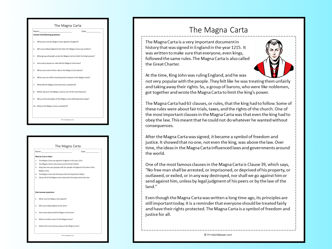 The Magna Carta Reading Comprehension Passage Printable Worksheet 