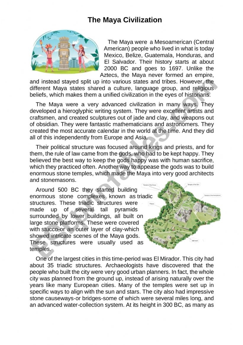 The Maya Civilisation Reading Comprehension Worksheet ESL Worksheet By Kosh