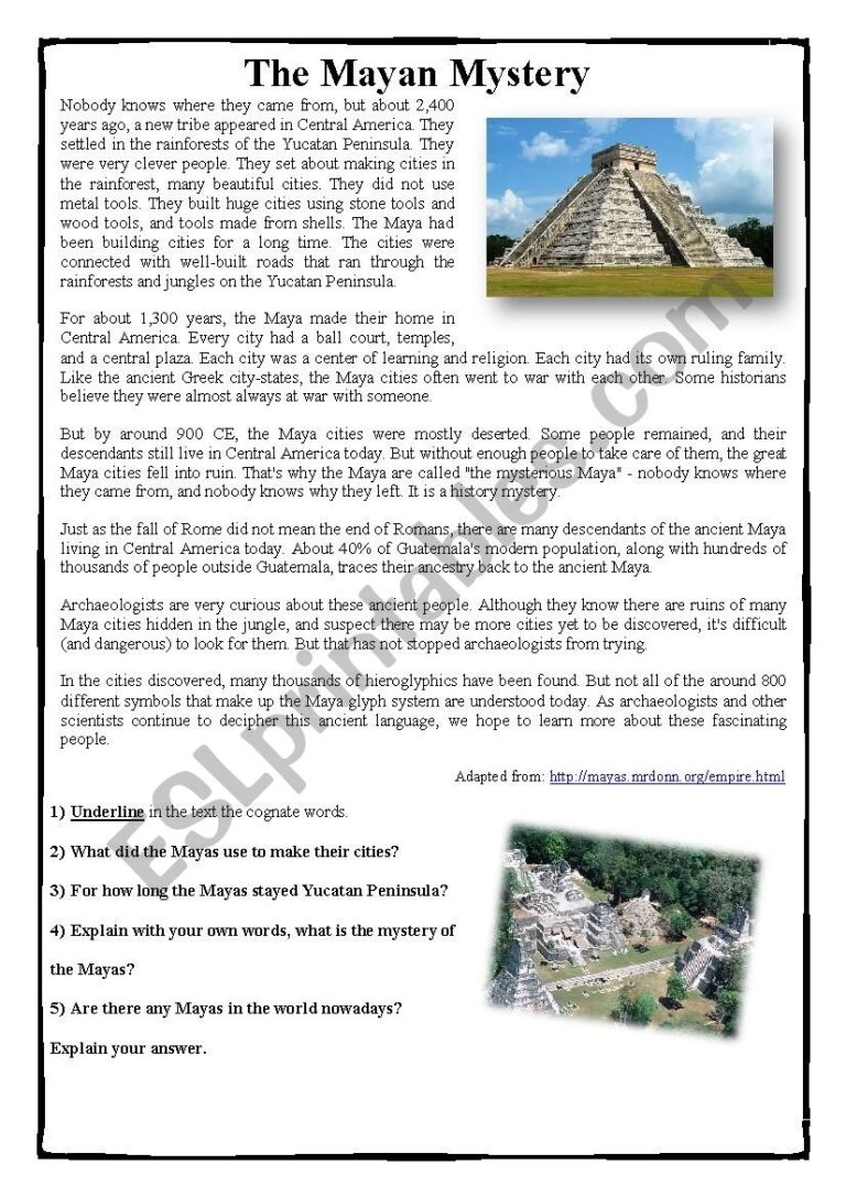 The Mayan Mystery Reading ESL Worksheet By Dany faryas86