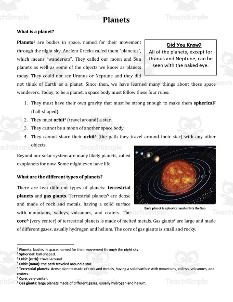 Reading Comprehension Space Planets Worksheet