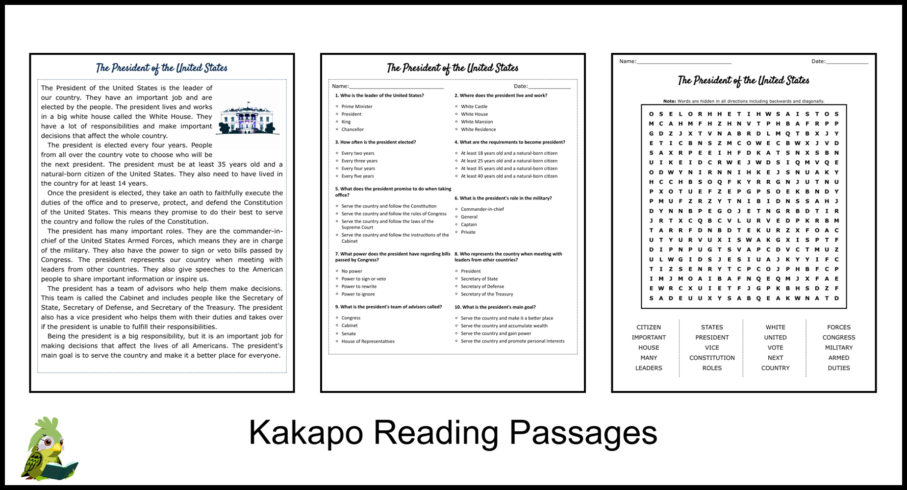 The President Of The United States Reading Comprehension And Word Search Teaching Resources