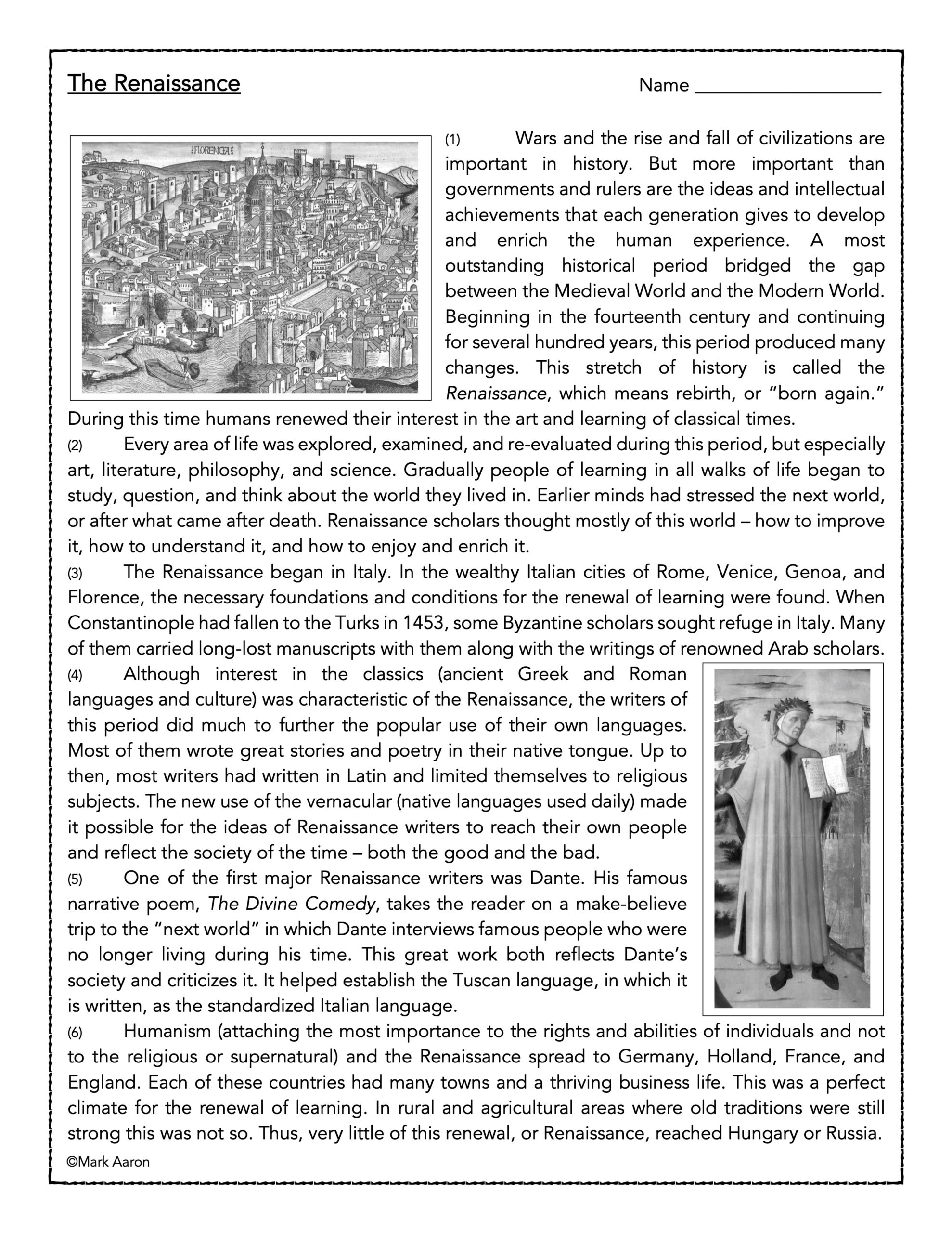 The Renaissance History Reading Passage And Assessment Classful