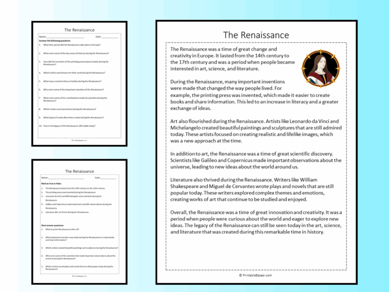 The Renaissance Reading Comprehension Passage Printable Worksheet Teaching Resources
