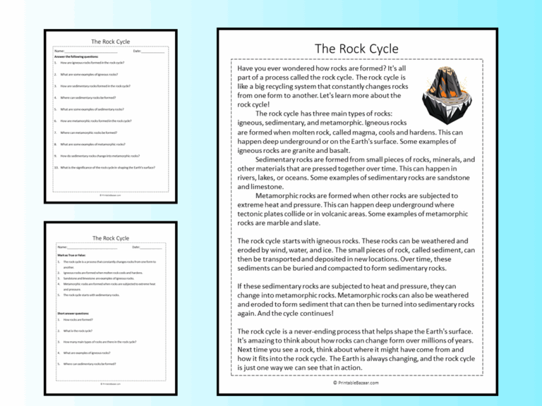 The Rock Cycle Reading Comprehension Passage Printable Worksheet Teaching Resources