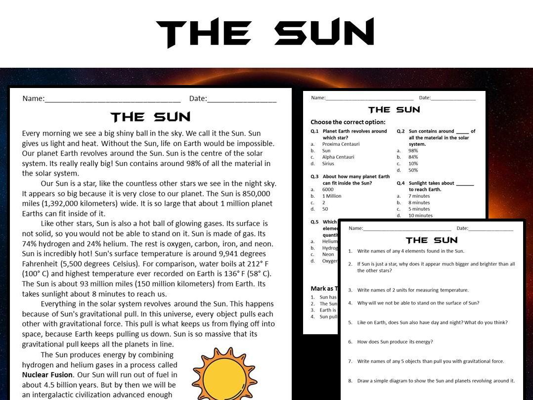 The Sun Reading Comprehension Passage And Questions PDF 