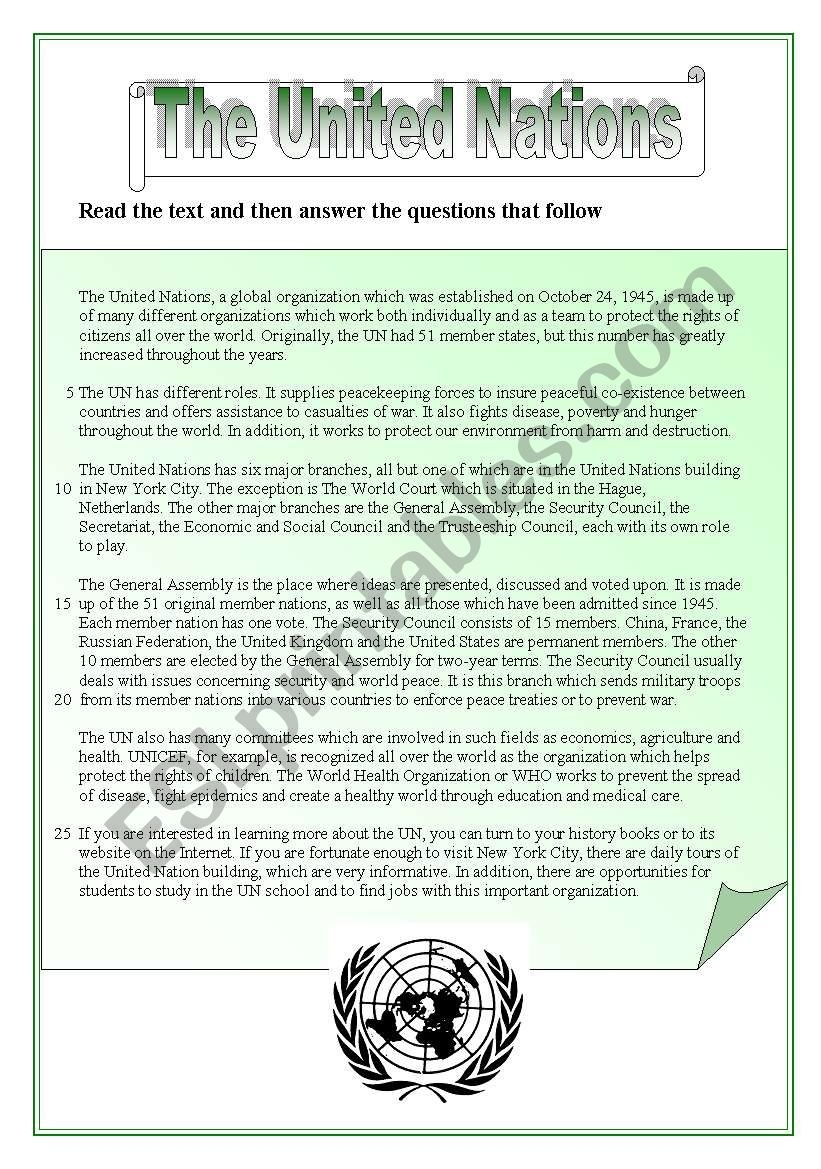 The United Nations Reading Comprehension ESL Worksheet By Pirchy
