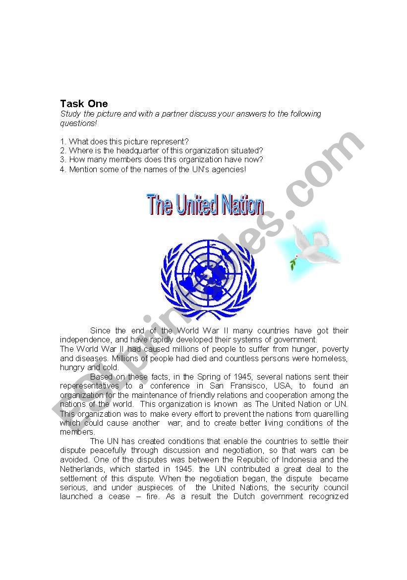 The United Nations Reading Comprehension ESL Worksheet By Zhlebor