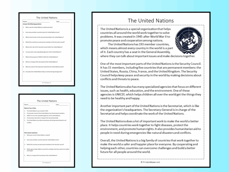 The United Nations Reading Comprehension Passage Printable Worksheet Teaching Resources