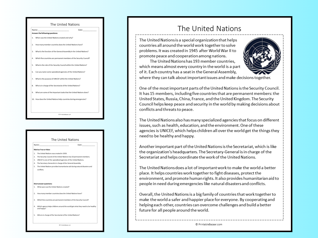 The United Nations Reading Comprehension Passage Printable Worksheet Teaching Resources
