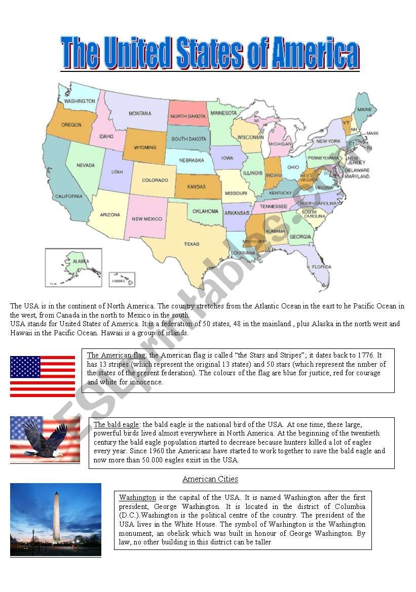 The USA Reading Comprehension ESL Worksheet By Chiaras