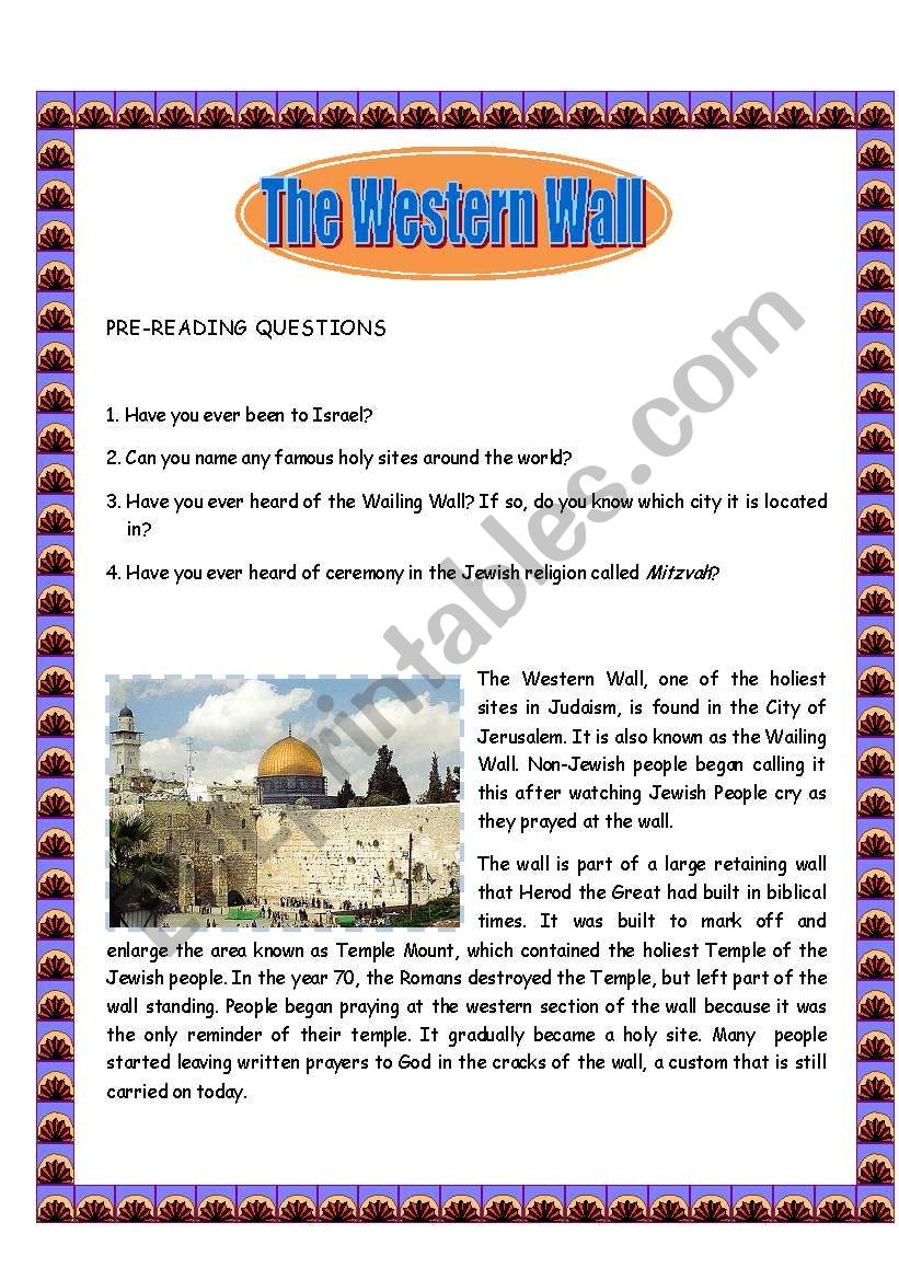 Judaism Reading Comprehension Worksheet