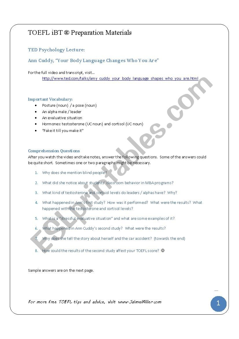 TOEFL Listening Comprehension Questions For A TED Lecture On 