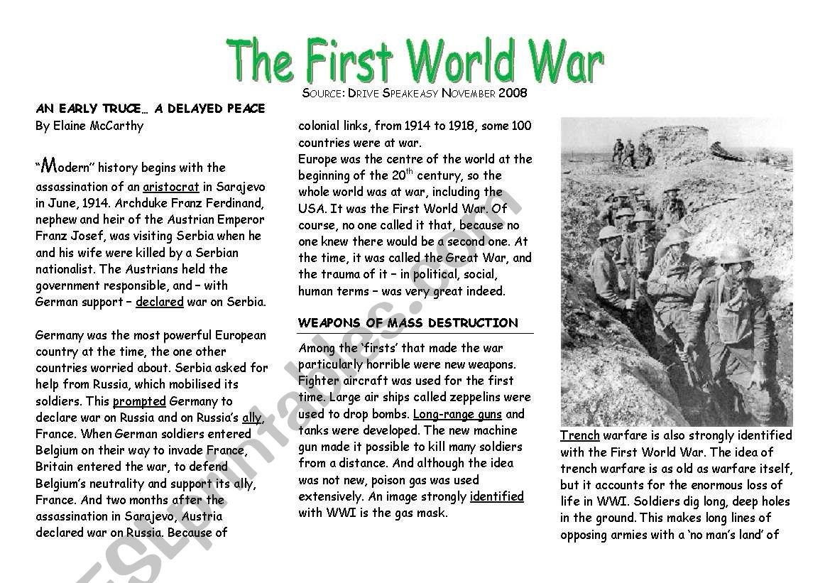 Topic The First World War ESL Worksheet By St phanie Debruyne