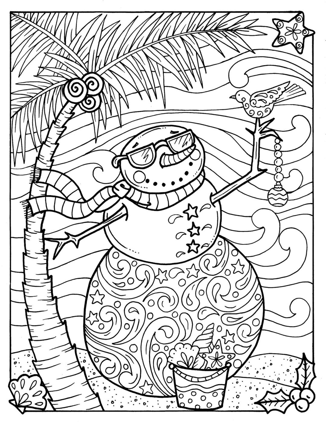 Tropical Snowman Coloring Page Adult Coloring Beach Holidays 