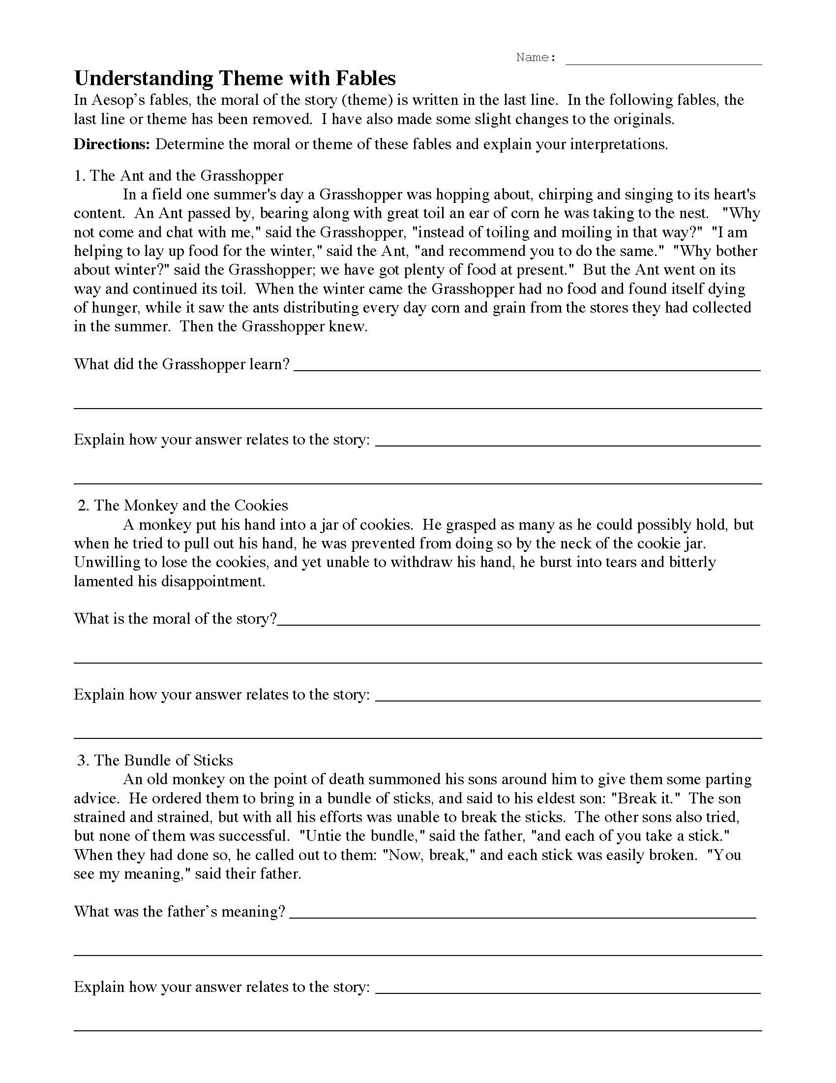 Fables Reading Comprehension Worksheets