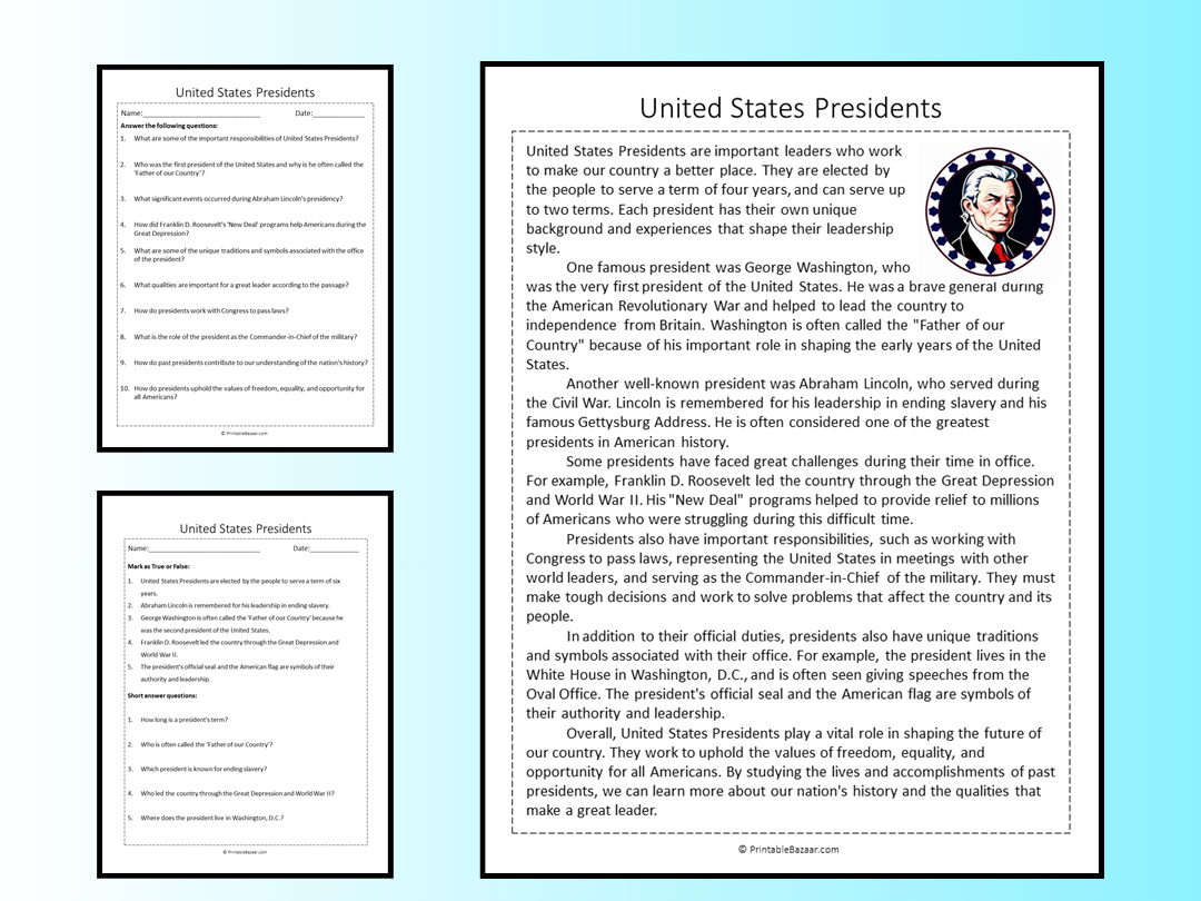 United States Presidents Reading Comprehension Passage Printable Worksheet Teaching Resources
