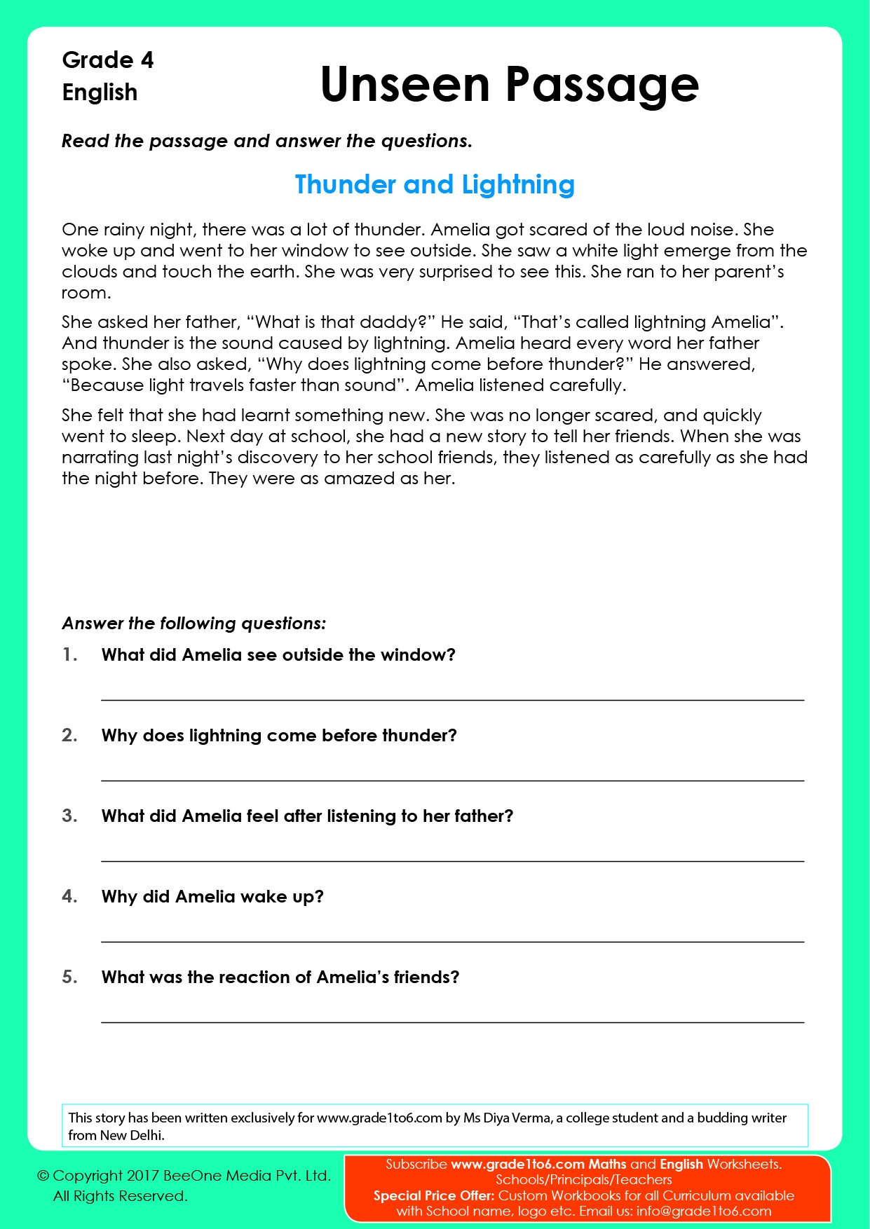 Unseen Passage For Class 4 Grade1to6