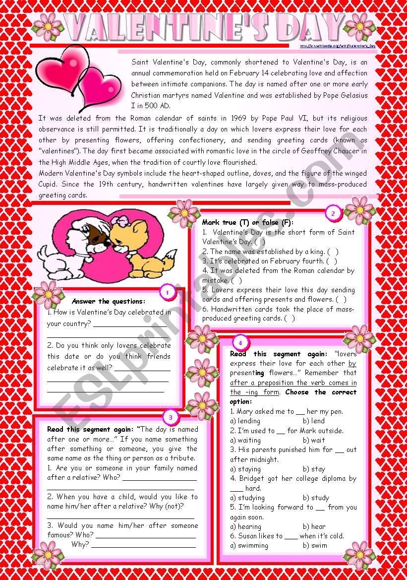 Valentine s Day Reading Comprehension Grammar ing After Prepositions 4 Tasks KEYS INCLUDED 2 Pages editable ESL Worksheet By Zailda