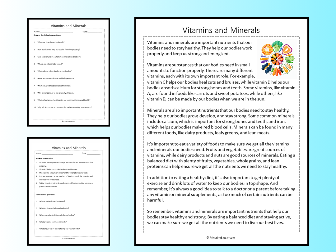 Vitamins And Minerals Reading Comprehension Passage Printable Worksheet Teaching Resources