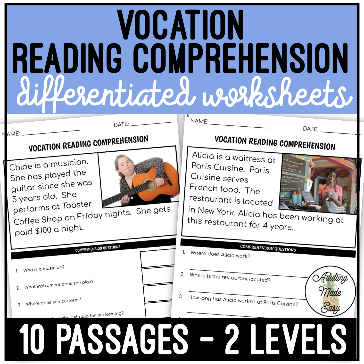 Vocation Simplified Reading Comprehension Worksheets