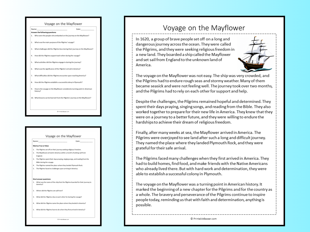 Voyage On The Mayflower Reading Comprehension Passage Printable Worksheet Teaching Resources