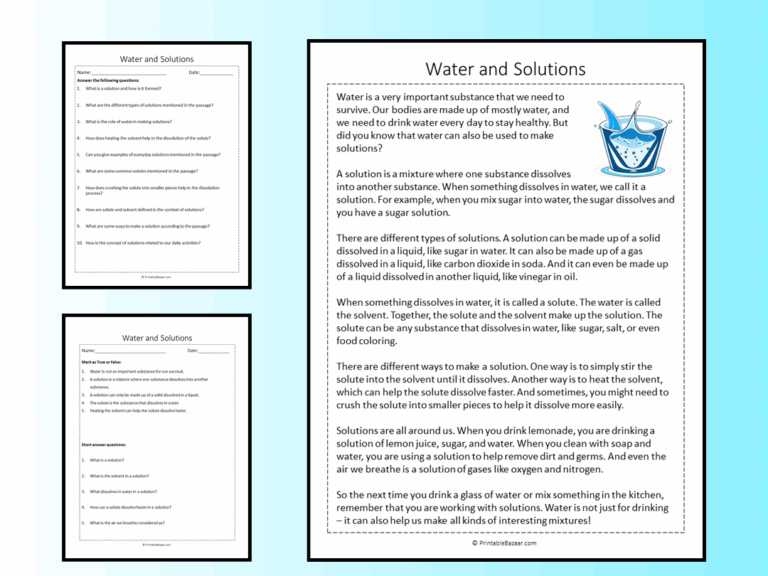 Water And Solutions Reading Comprehension Passage Printable Worksheet Teaching Resources