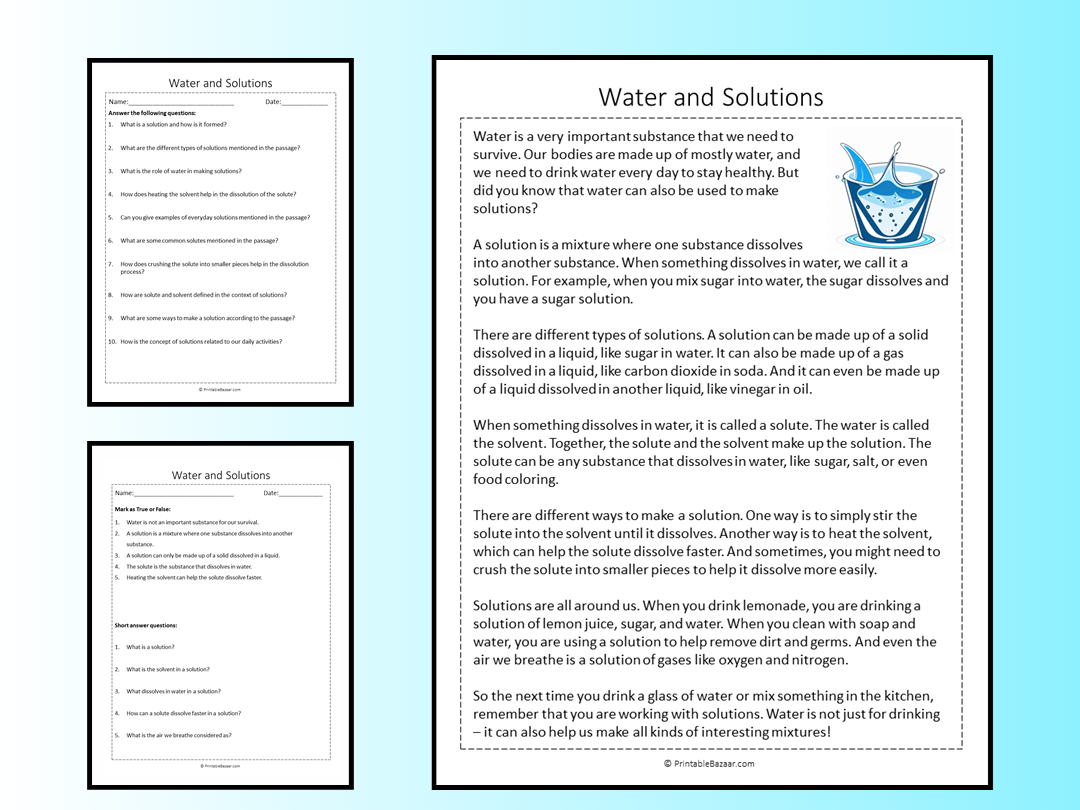 Water And Solutions Reading Comprehension Passage Printable Worksheet Teaching Resources