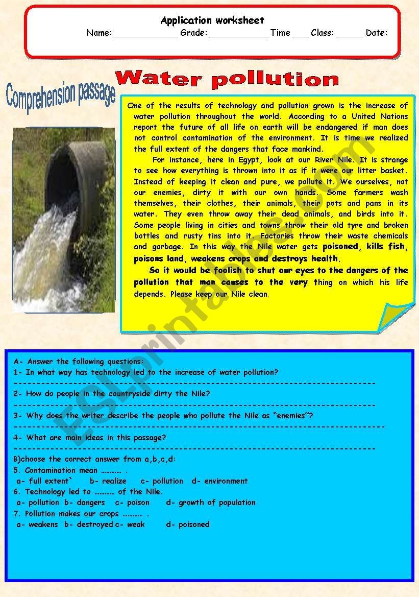 Pollution Reading Comprehension Worksheet