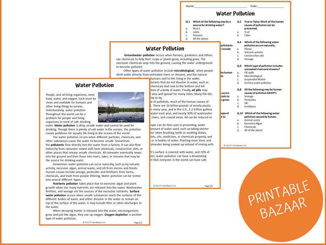Water Pollution Reading Comprehension Passage And Questions PDF Teaching Resources