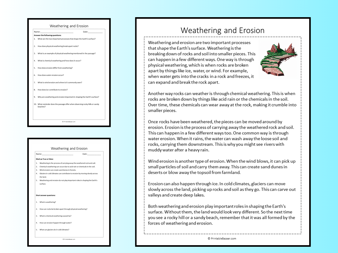 Weathering And Erosion Reading Comprehension Passage Printable Worksheet Teaching Resources