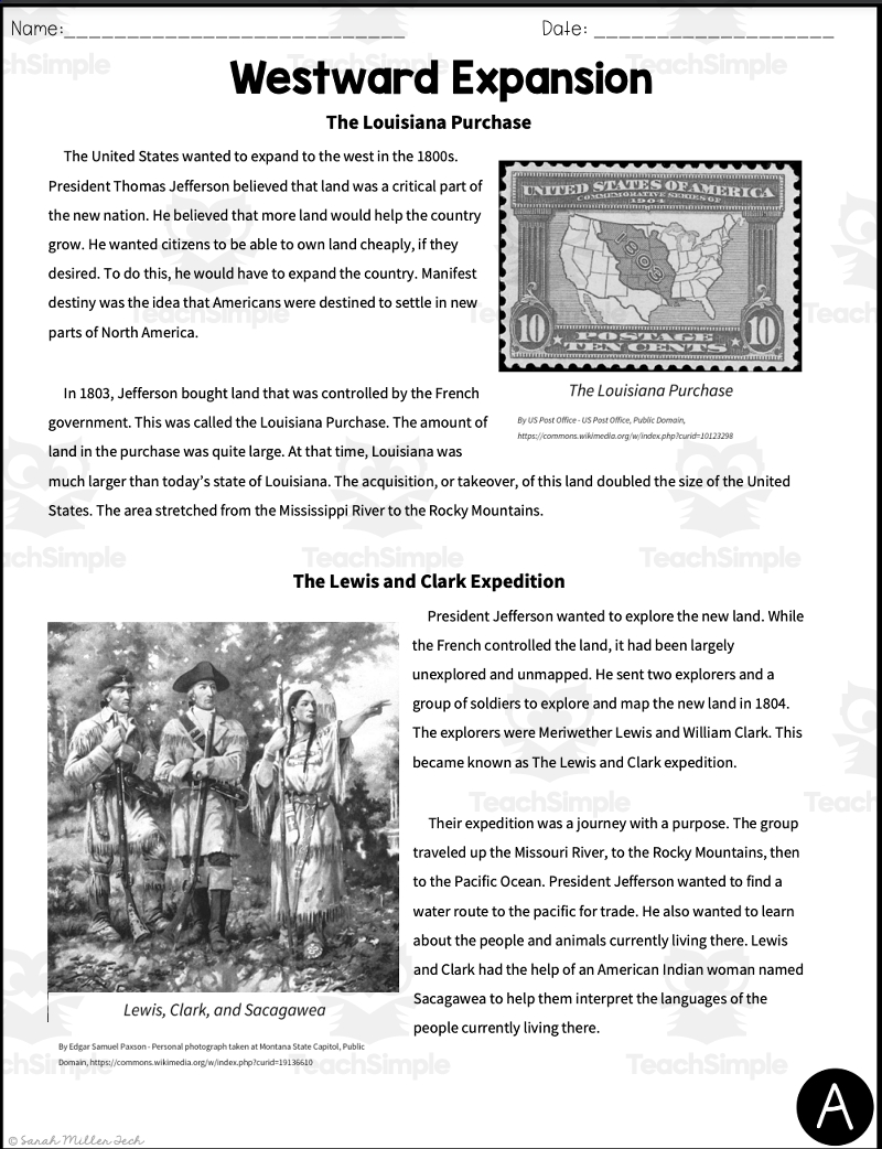 Westward Expansion Reading Packet Distance Learning Worksheets 