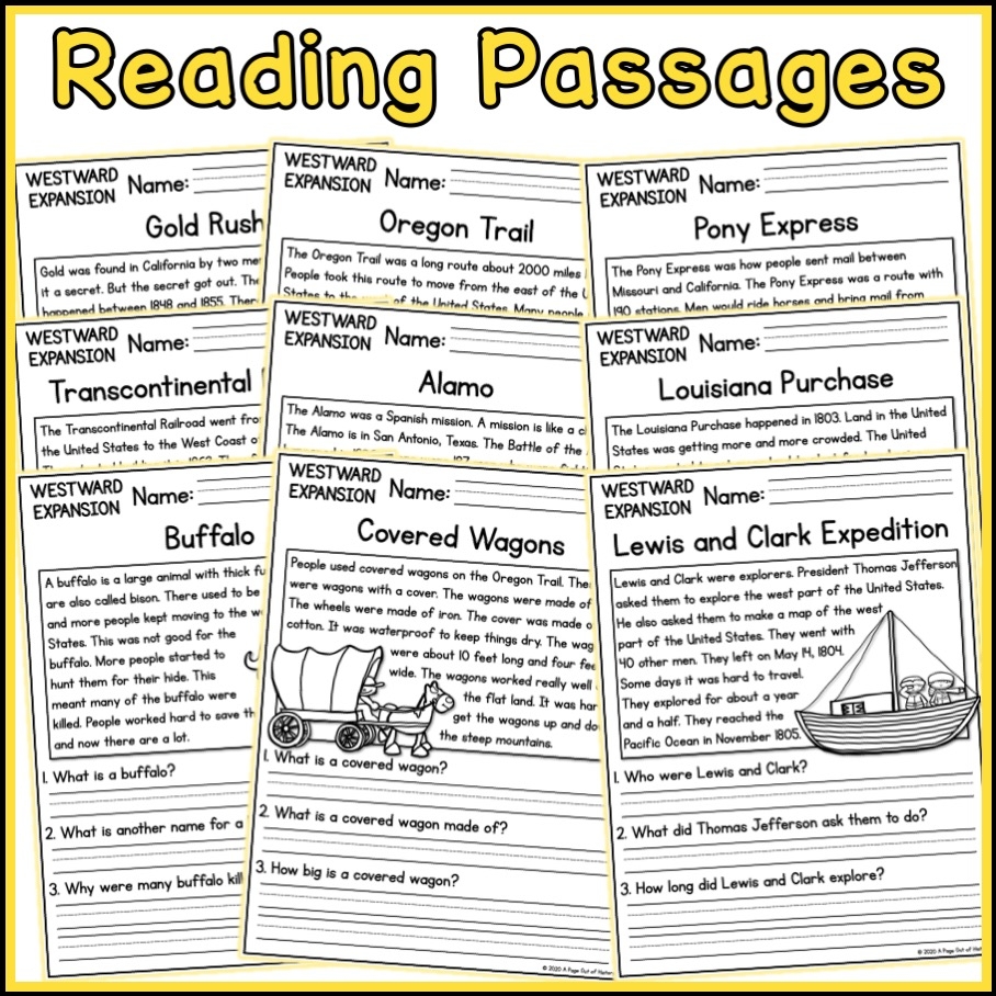 Westward Expansion Social Studies Reading Comprehension Passages K 2