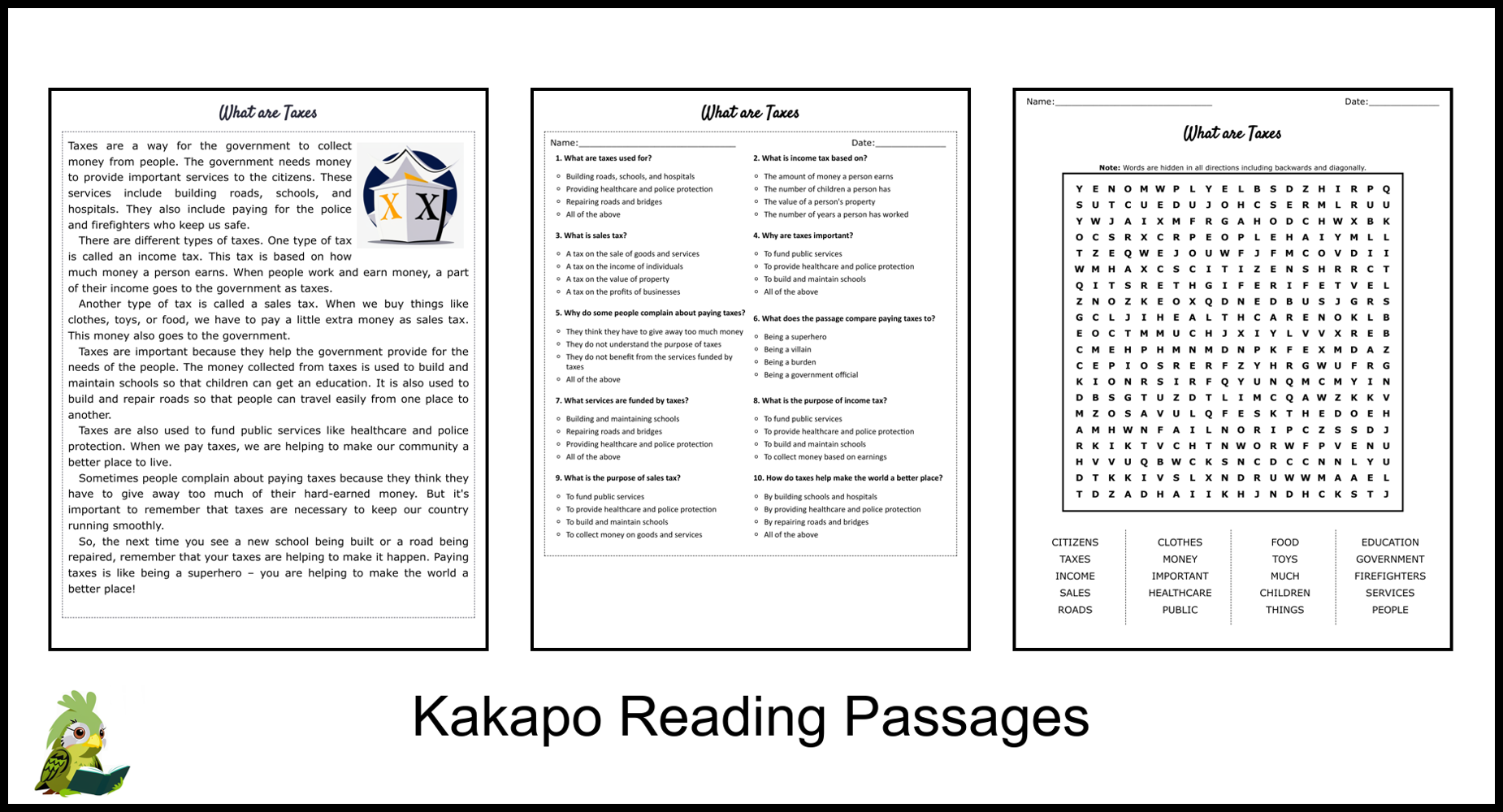 What Are Taxes Reading Comprehension And Word Search Teaching Resources
