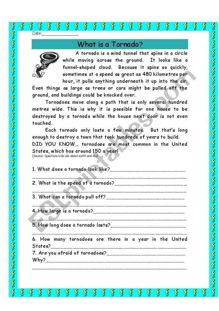 WHAT IS A TORNADO reading Comprehension ESL Worksheet By Jen 304