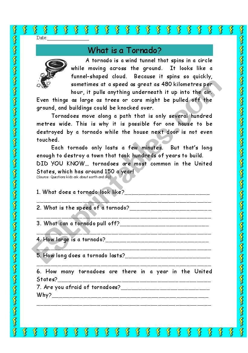 WHAT IS A TORNADO reading Comprehension ESL Worksheet By Jen 304