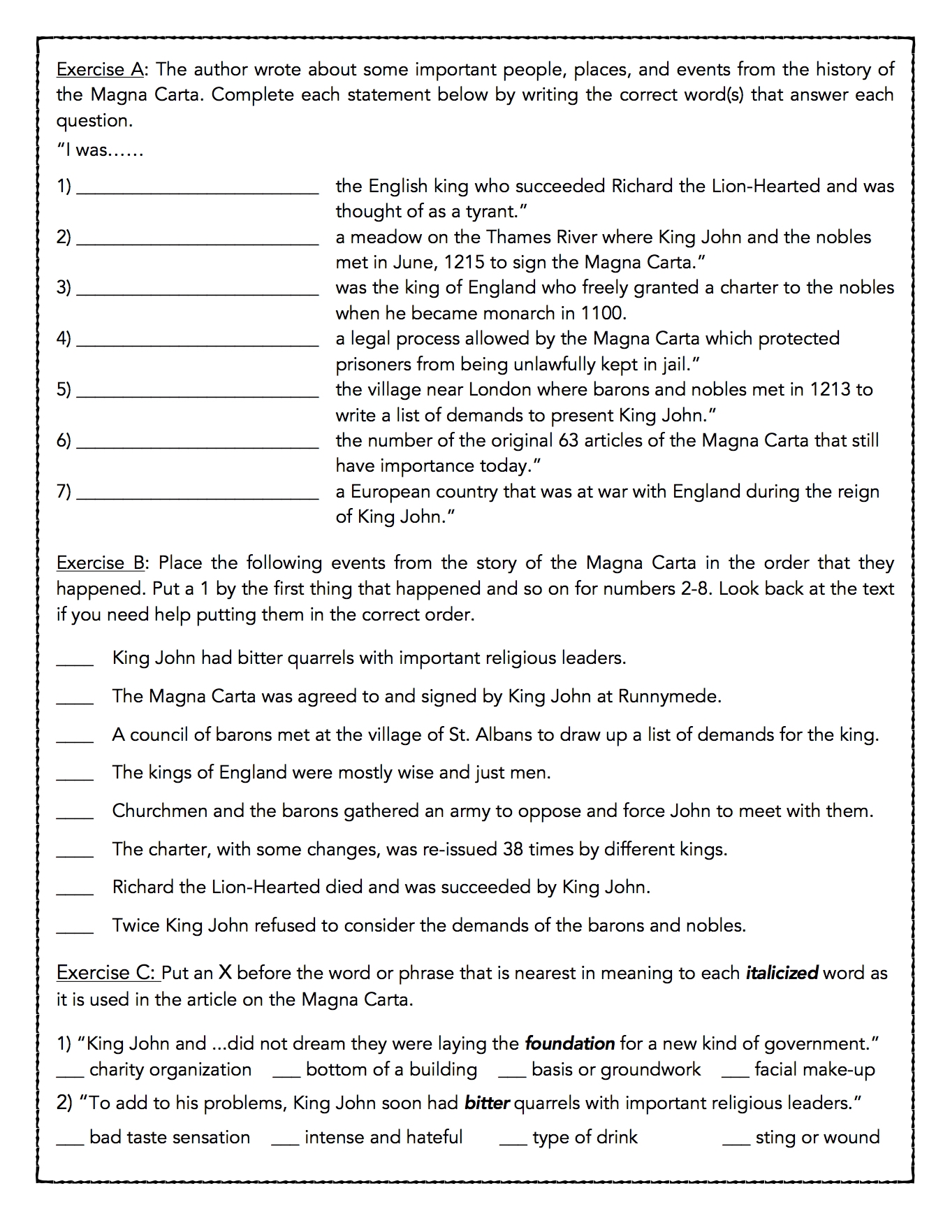 What Was The Magna Carta Reading Comprehension Passage Classful