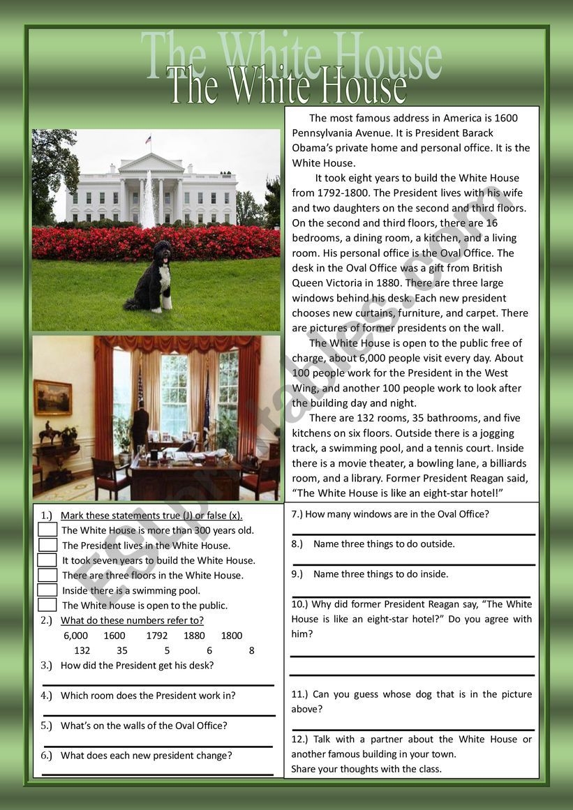 White House Reading Comprehension Practice Exercises ESL 