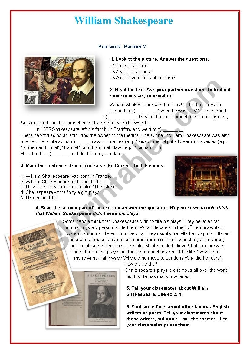 William Shakespeare Reading Comprehension Worksheet